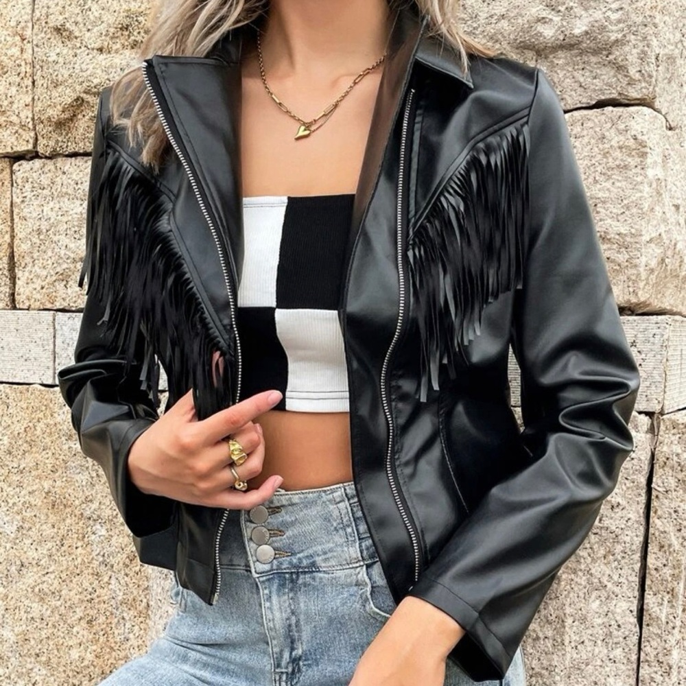 Black Zip Up Fringe Trim PU Leather Jacket: S